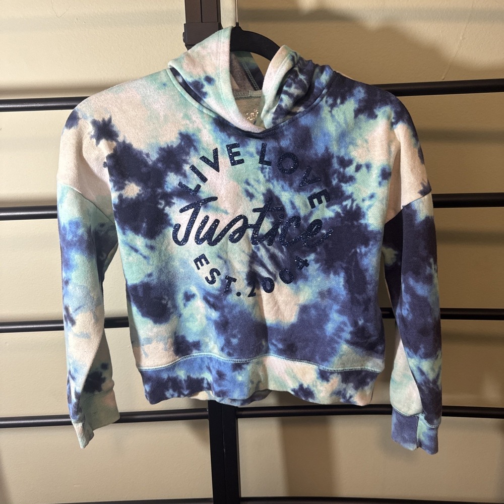Justice Girls Tie Dye Hoodie Navy Blue & Green Pullover Sweatshirt Small 7/8
